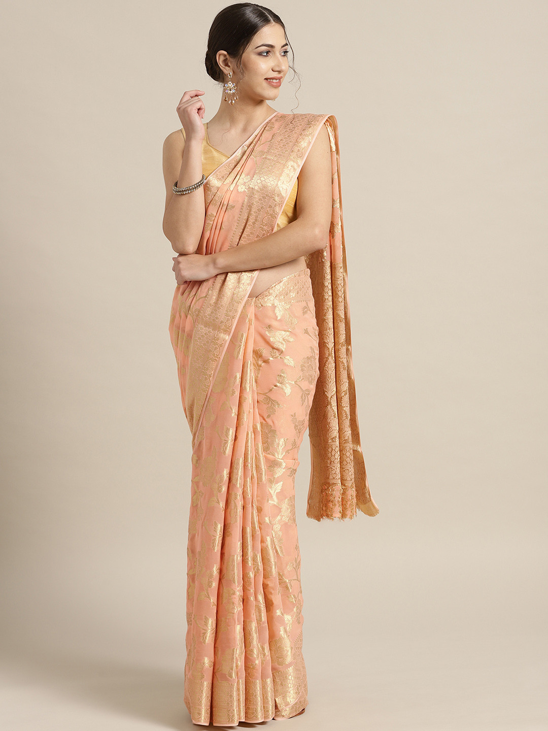 

Geroo Jaipur Pink Floral Hand Woven Georgette Sustainable Saree, Peach