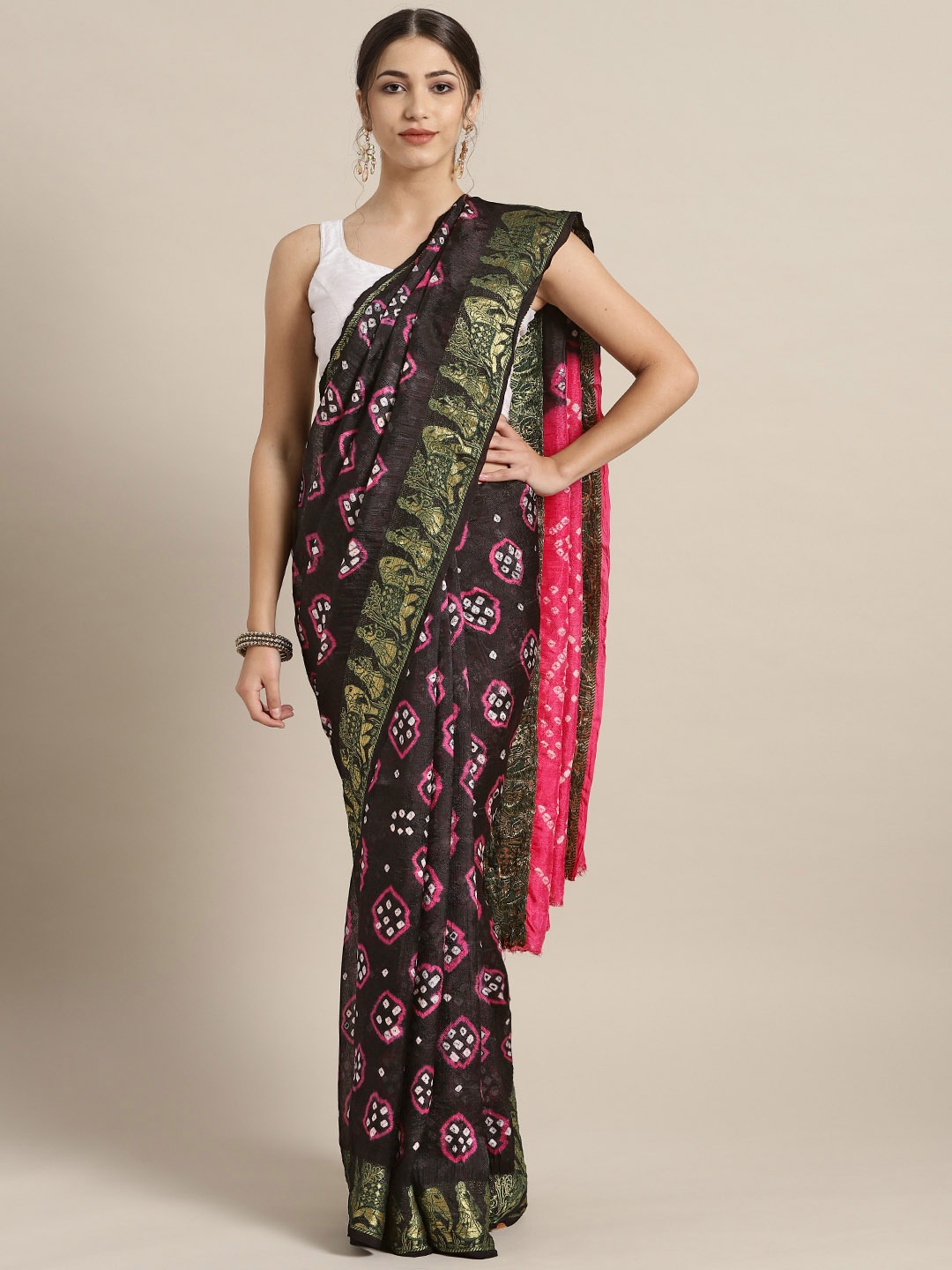 

Geroo Jaipur Hand Dyed Black & Pink Bandhani Silk Sustainable Saree