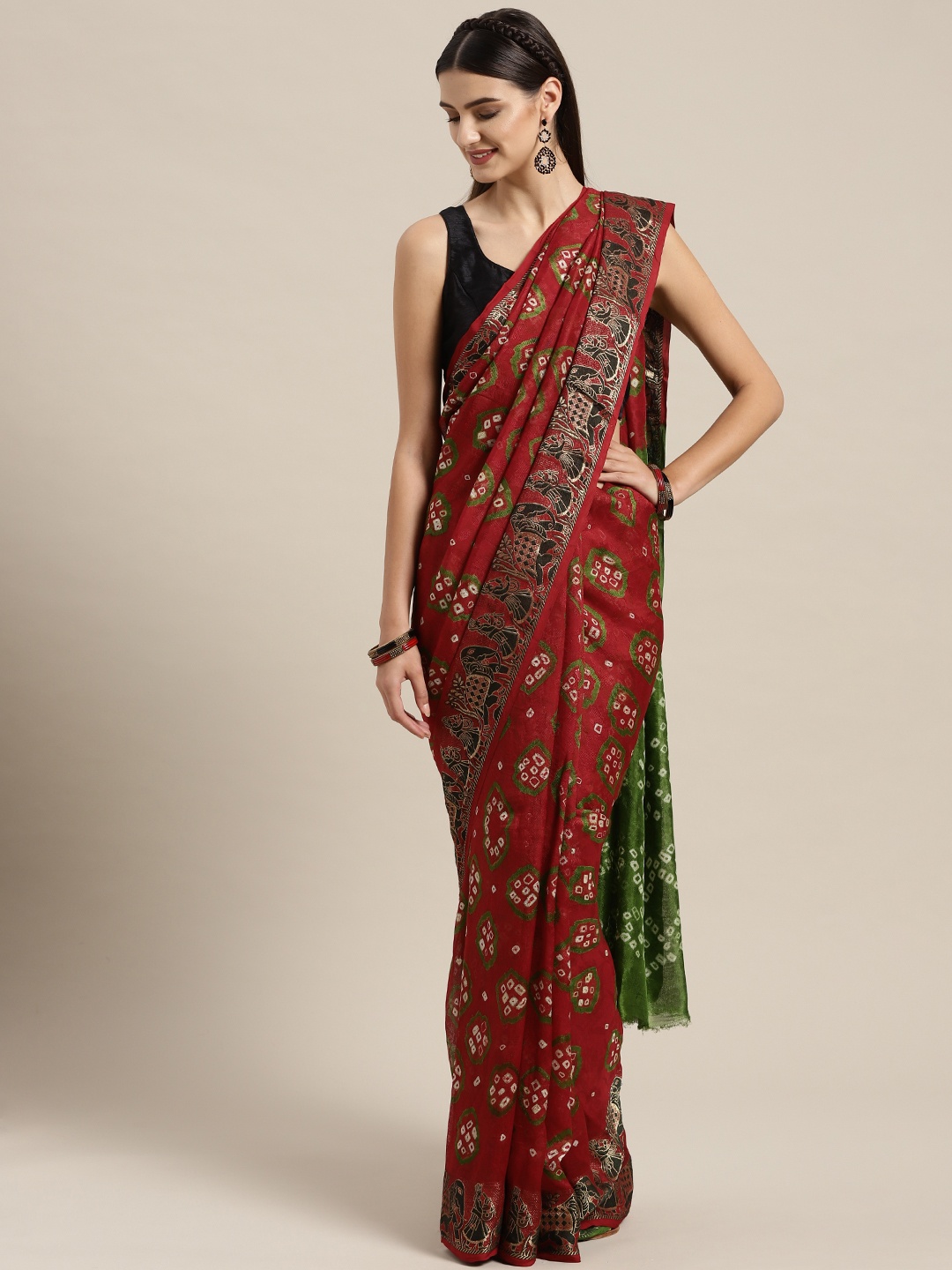 

Geroo Jaipur Hand Dyed Bandhani Silk Sustainable Saree, Maroon