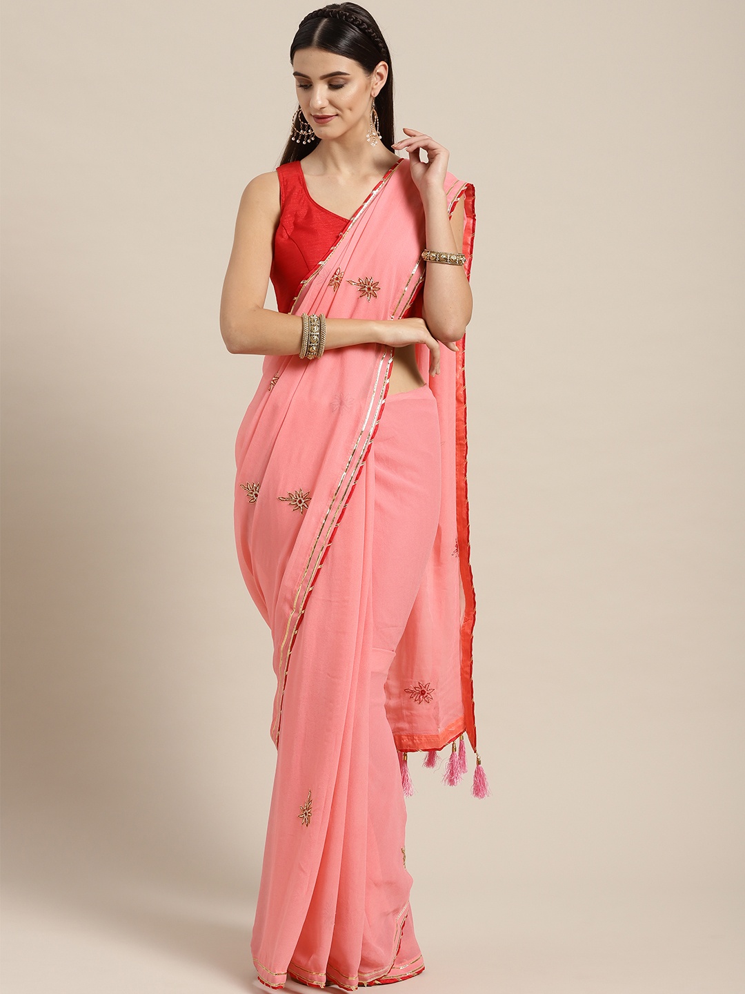 

Geroo Jaipur Pink Hand Embellished Georgette Sustainable Saree