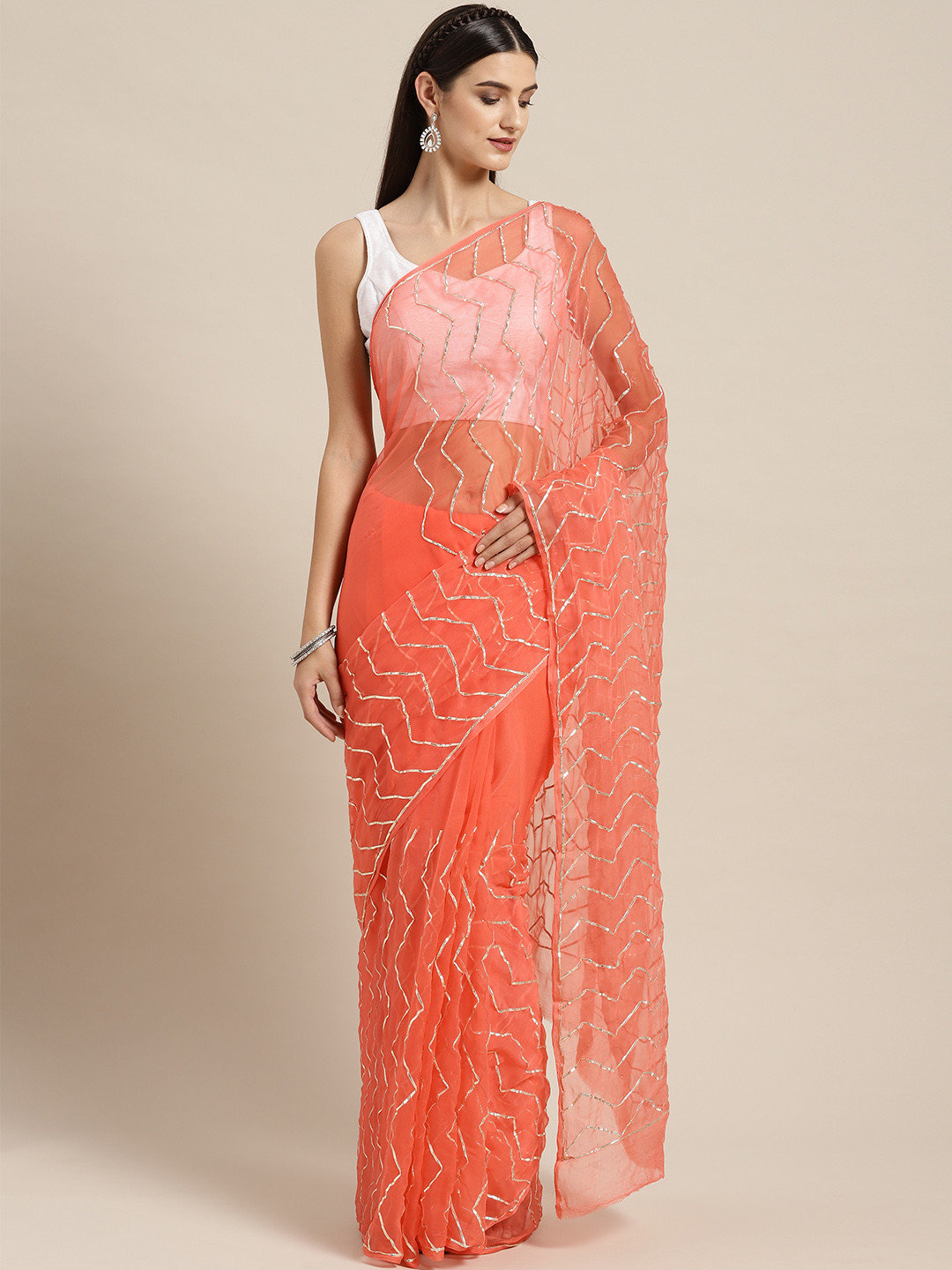 

Geroo Jaipur Orange Hand Embellished Gota Chiffon Sustainable Saree