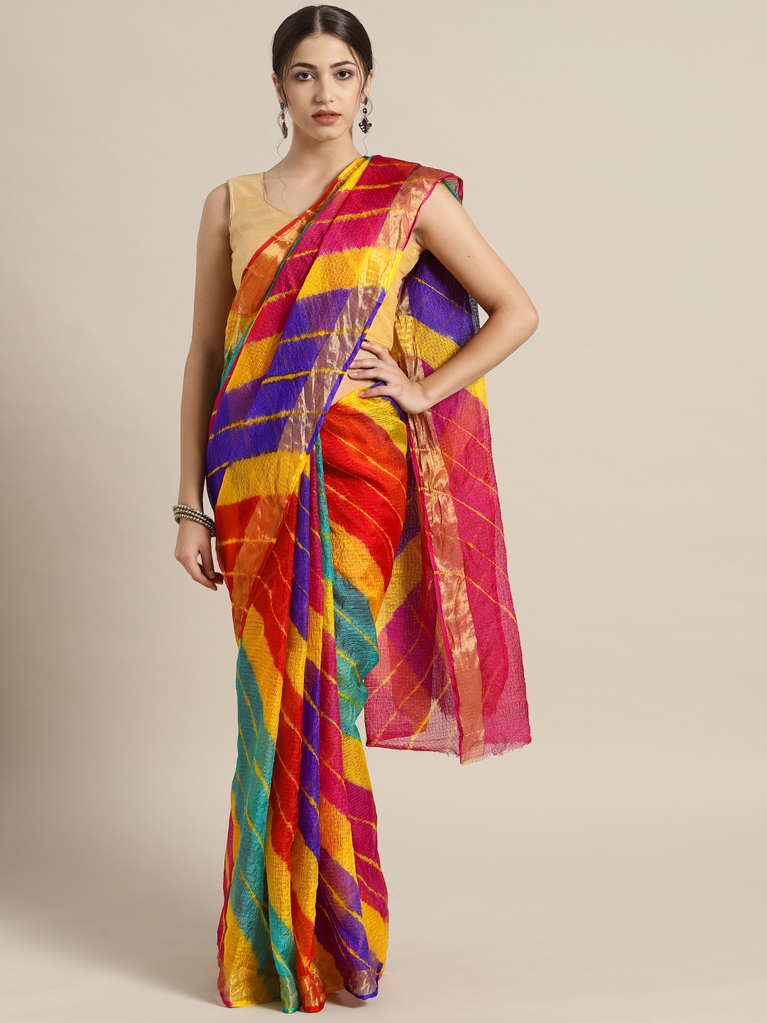 

Geroo Jaipur Hand Dyed Multicolor Leheriya Kota Sustainable Saree, Multi