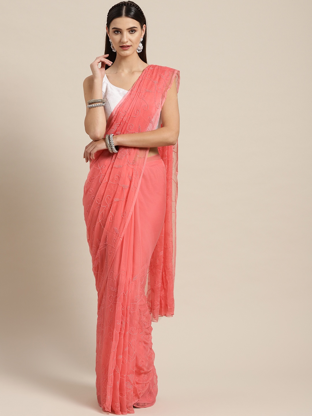 

Geroo Jaipur Hand Embroidered Pink Sequins Jaal Pure Chiffon Sustainable Saree