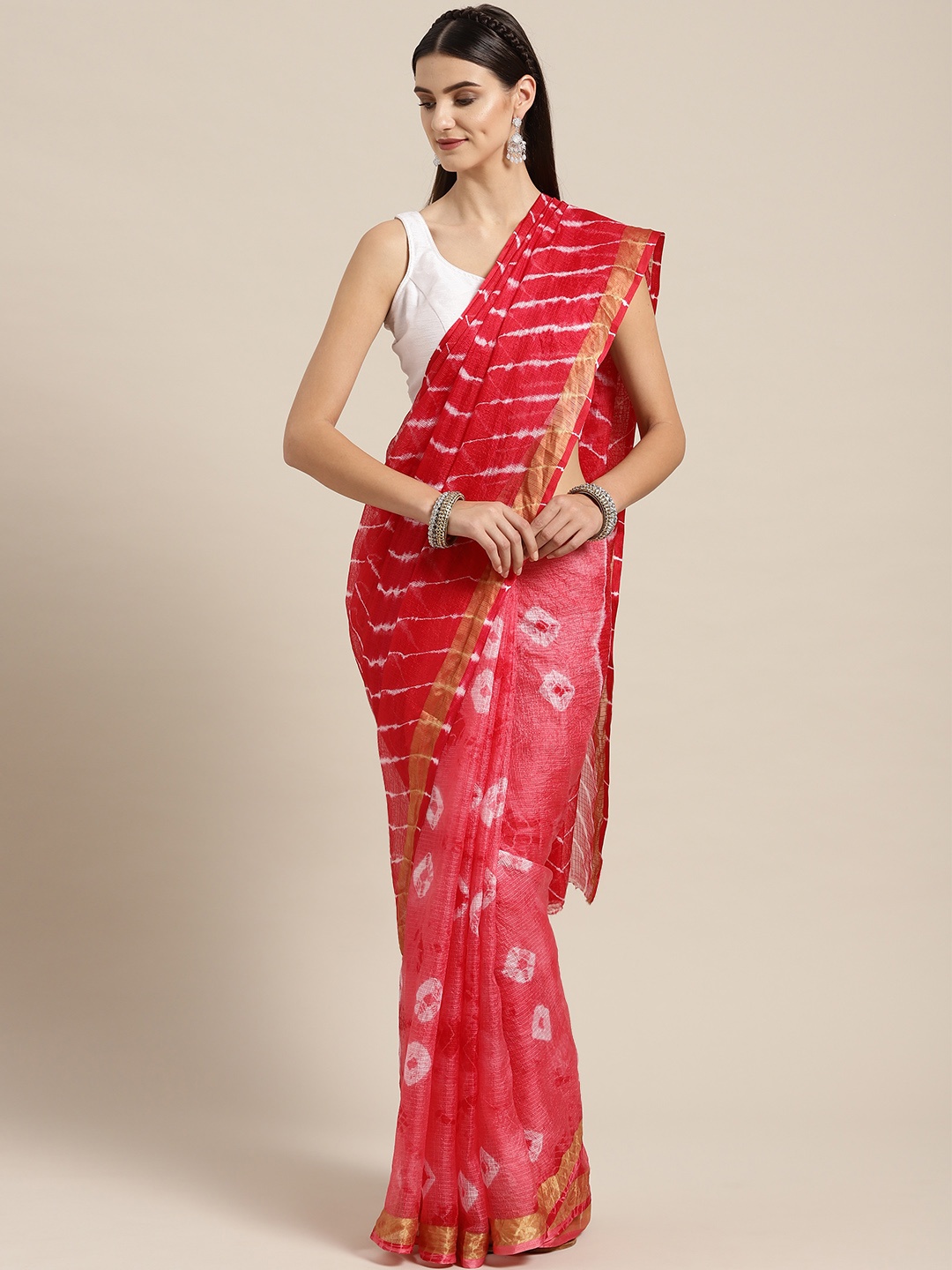 

Geroo Jaipur Hand Dyed Pink & Red Leheriya Kota Saree