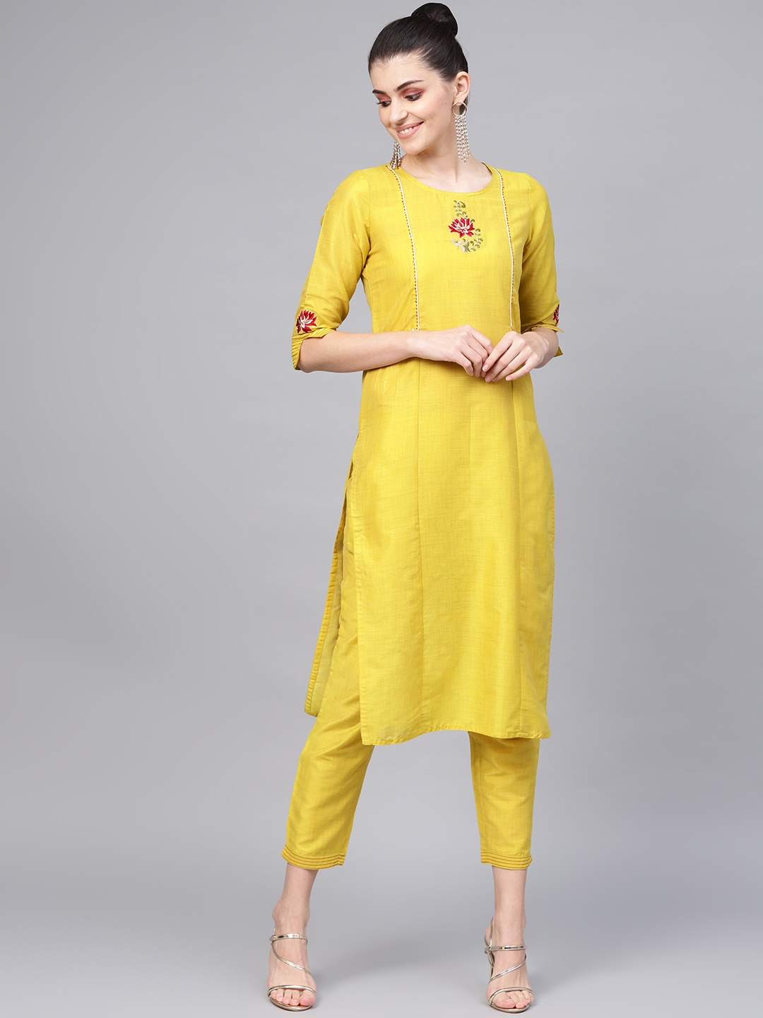 

Jaipur Kurti Women Yellow Yoke Design Handloom Kurta with Trousers