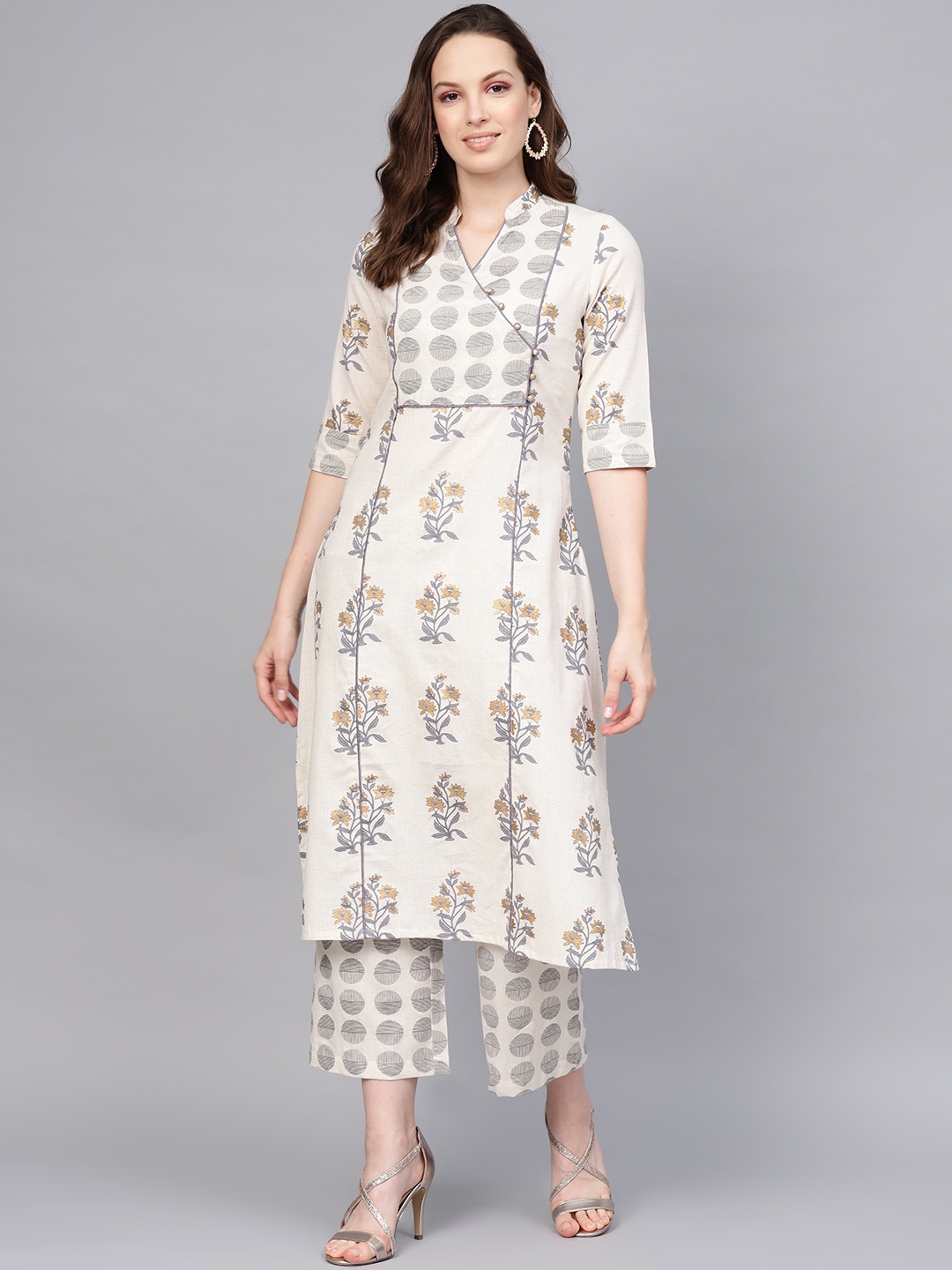 

Jaipur Kurti Women Off-White & Grey Printed Kurta with Palazzos