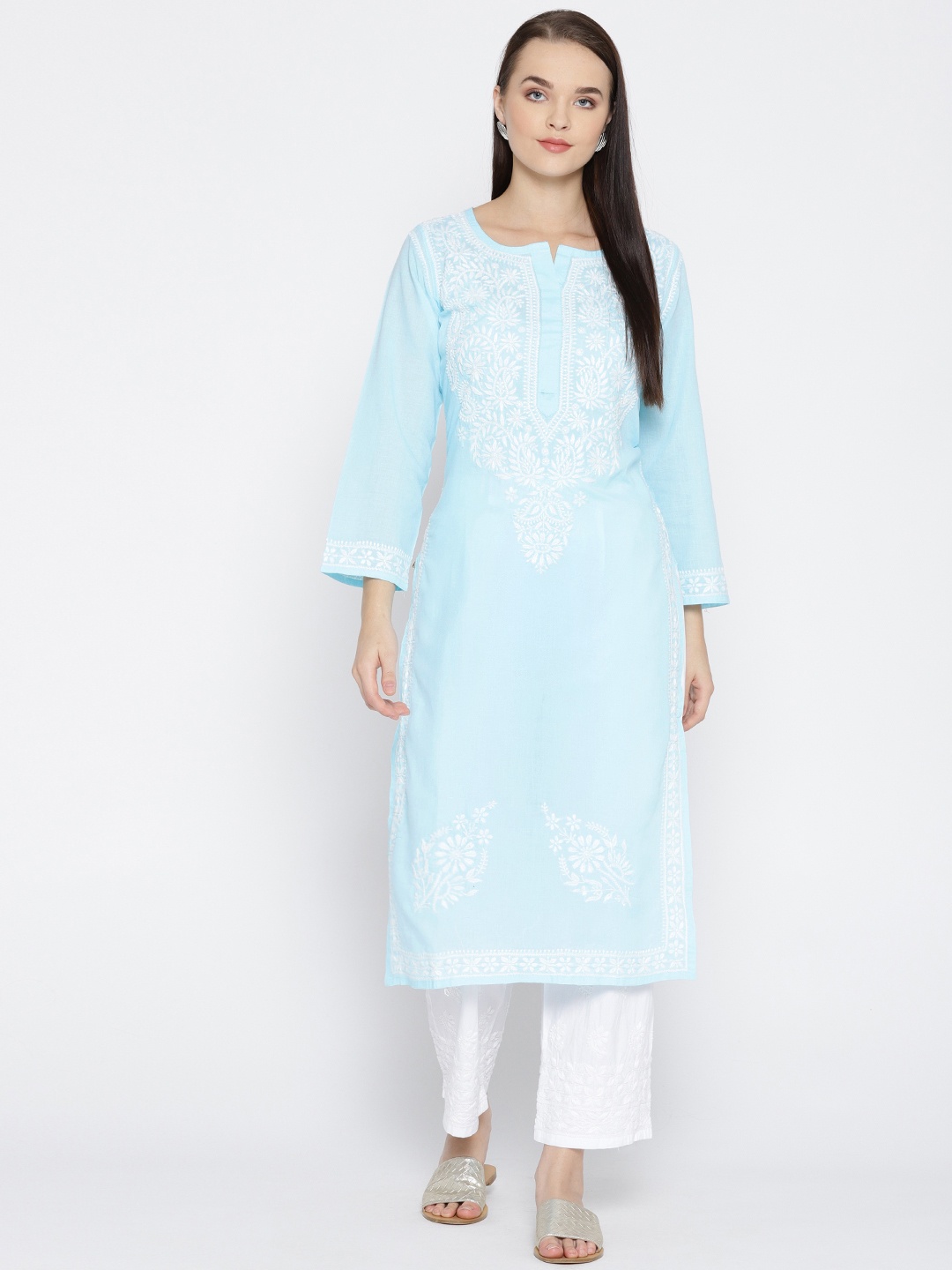 

ADA Women Blue & White Chikankari Hand Embroidered Sustainable Handloom Kurta with Palazzos