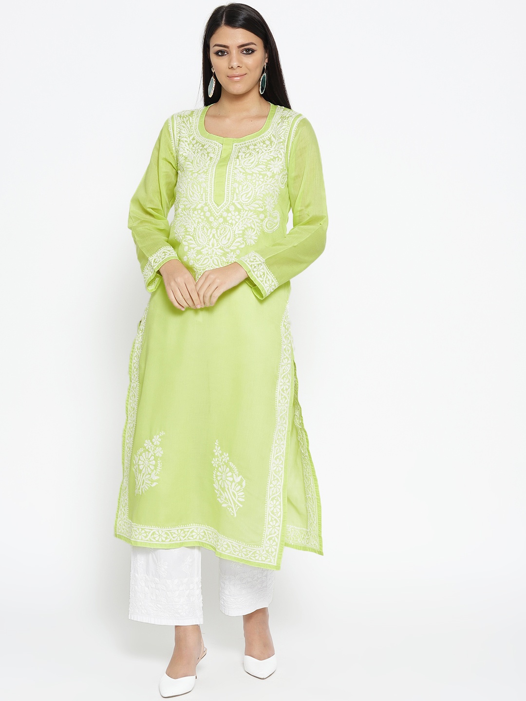 

ADA Women Green & White Chikankari Embroidered Sustainable Kurta with Palazzos
