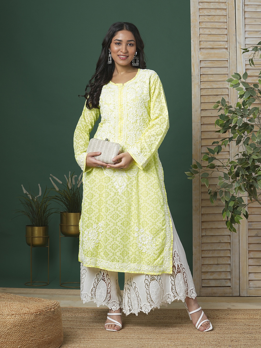 

ADA Women Yellow & White Self-Design Chikankari Hand Embroidered Straight Handloom Kurta