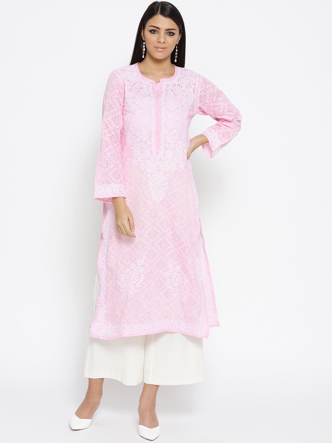 

ADA Women Pink & White Printed Chikankari Straight Sustainable Handloom Kurta