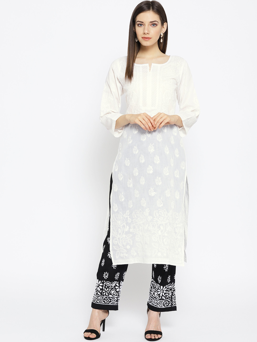 

ADA Women White & Black Chikankari Hand-Embroidered Sustainable Handloom Kurta with Trousers