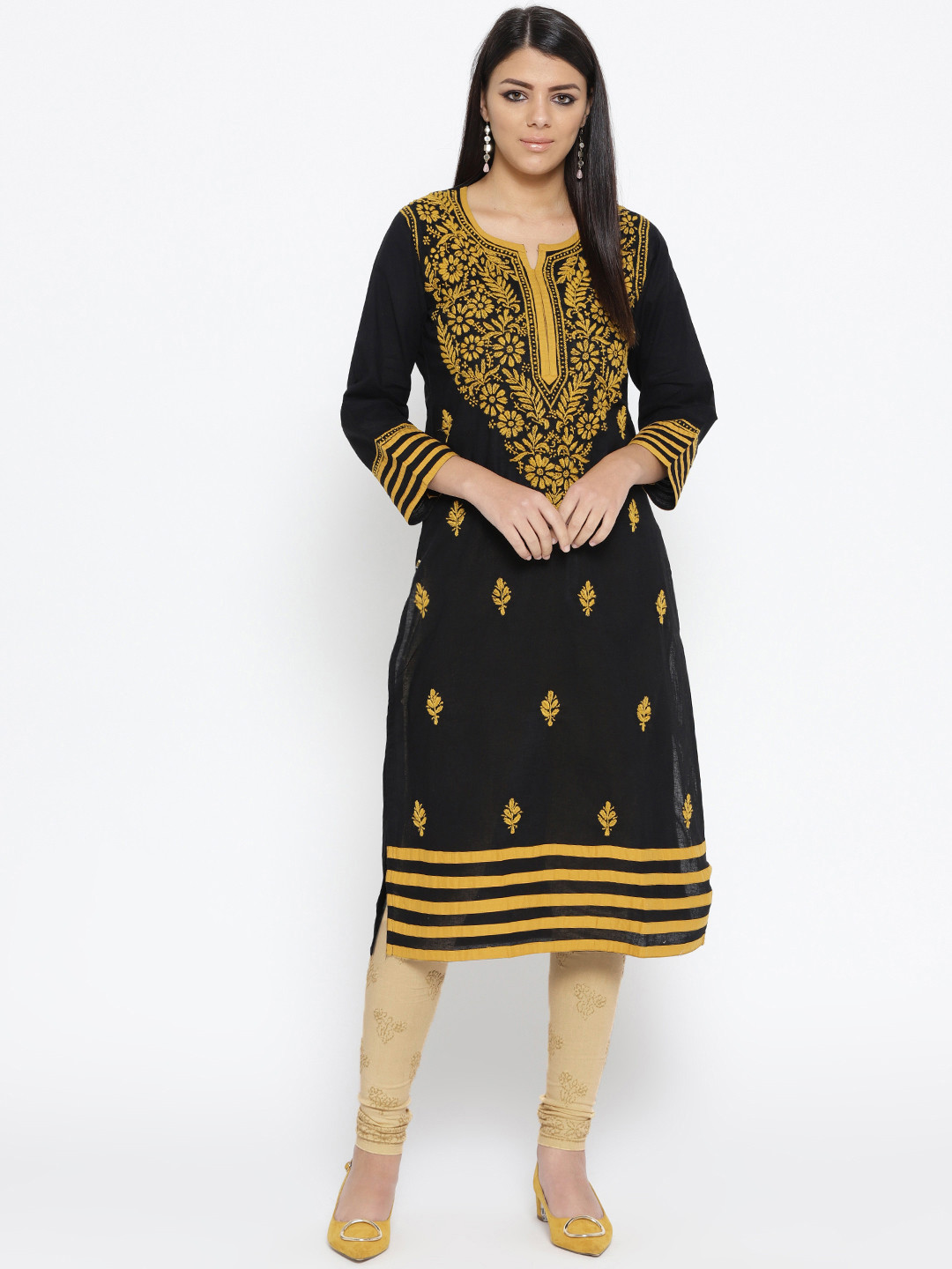 

ADA Women Black & Beige Chikankari Embroidered Sustainable Handloom Kurta with Churidar