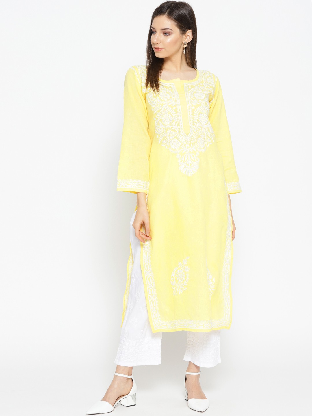 

ADA Women Yellow & White Chikankari Hand-Embroidered Handloom Kurta with Palazzos