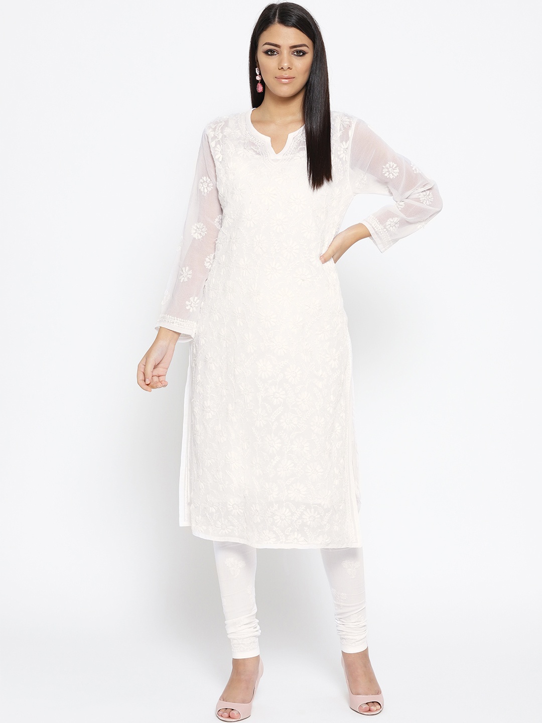 

ADA Women White Chikankari Hand-Embroidered Sheer Sustainable Handloom Kurta with Trousers