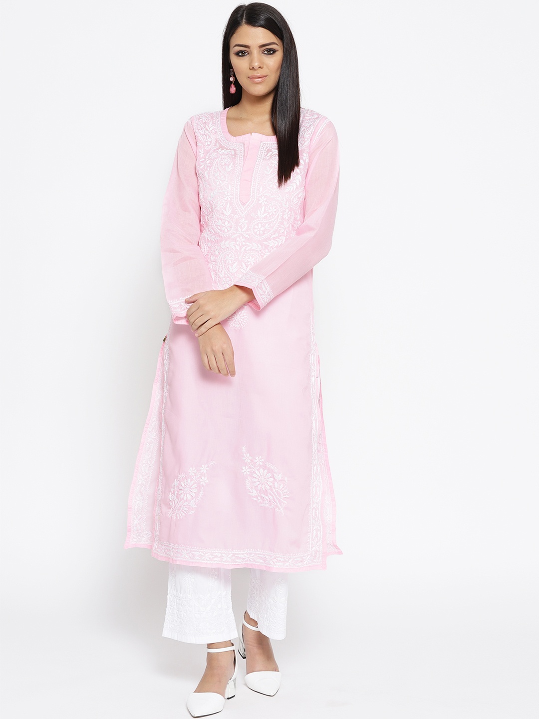 

ADA Women Pink & White Chikankari Hand-Embroidered Sustainable Handloom Kurta with Palazzos