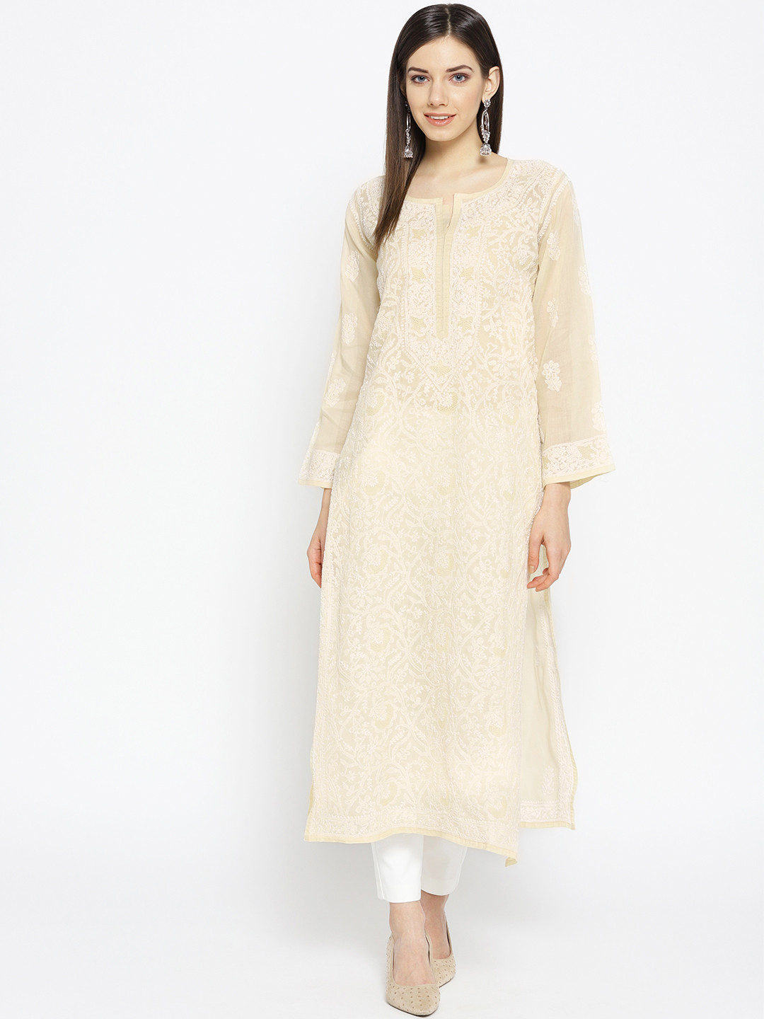 

ADA Women Beige & White Chikankari Embroidered Semi-Sheer Straight Sustainable Kurta