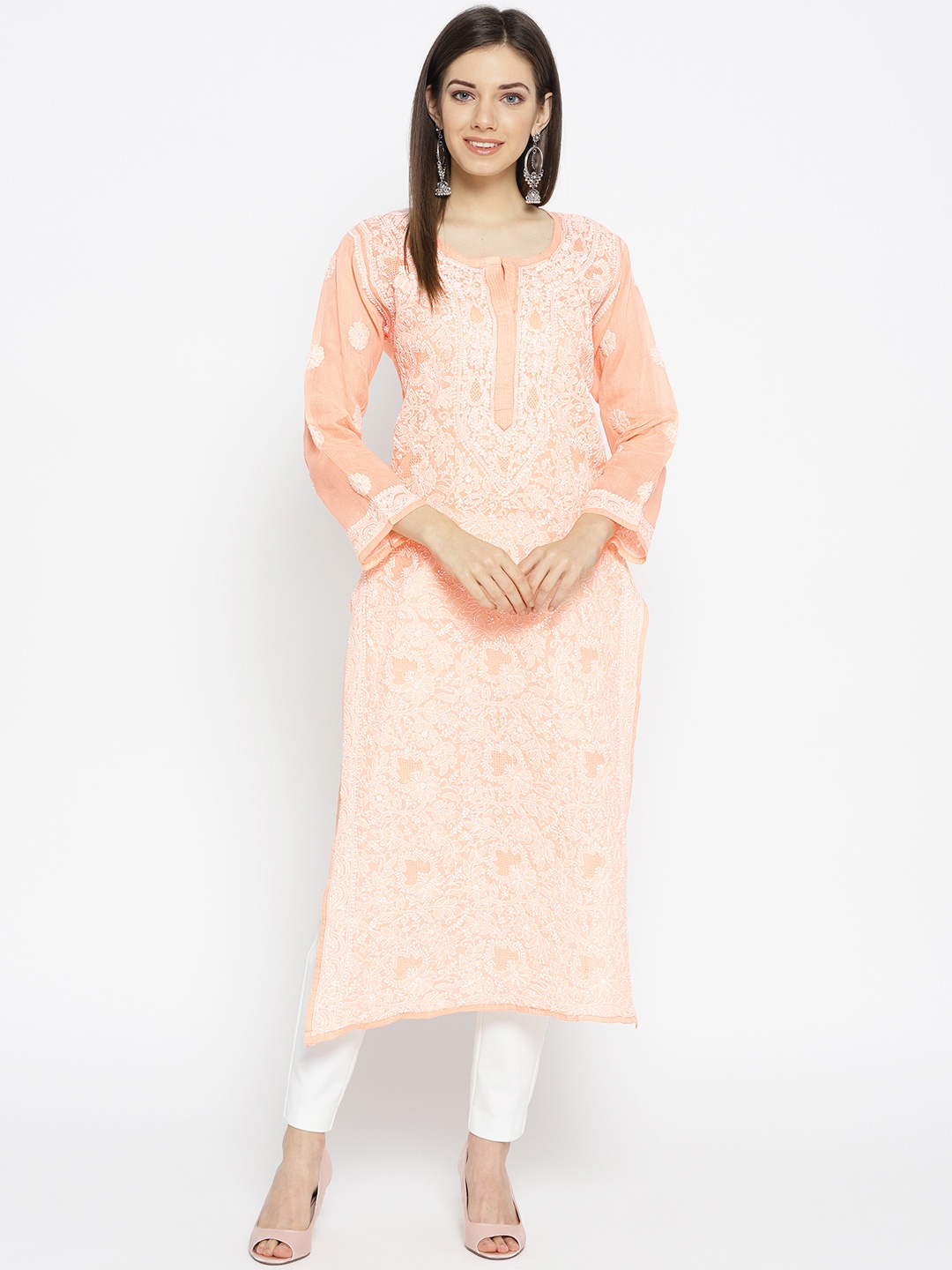 

ADA Women Peach-Coloured & White Chikankari Hand Embroidered Semi-Sheer Straight Sustainable Kurta