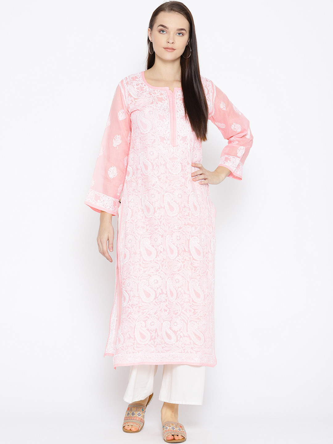 

ADA Women Pink & White Chikankari Hand-Embroidered Straight Kurta