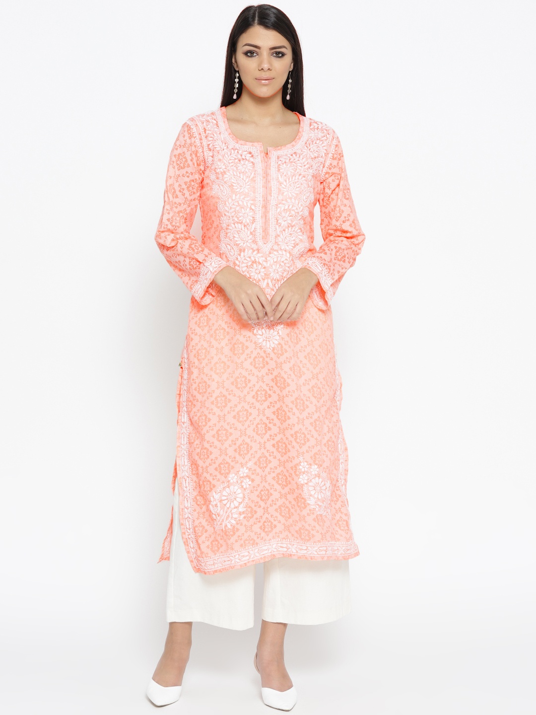 

ADA Women Peach-Coloured & White Self-Design Chikankari Embroidered Straight Sustainable Handloom Kurta