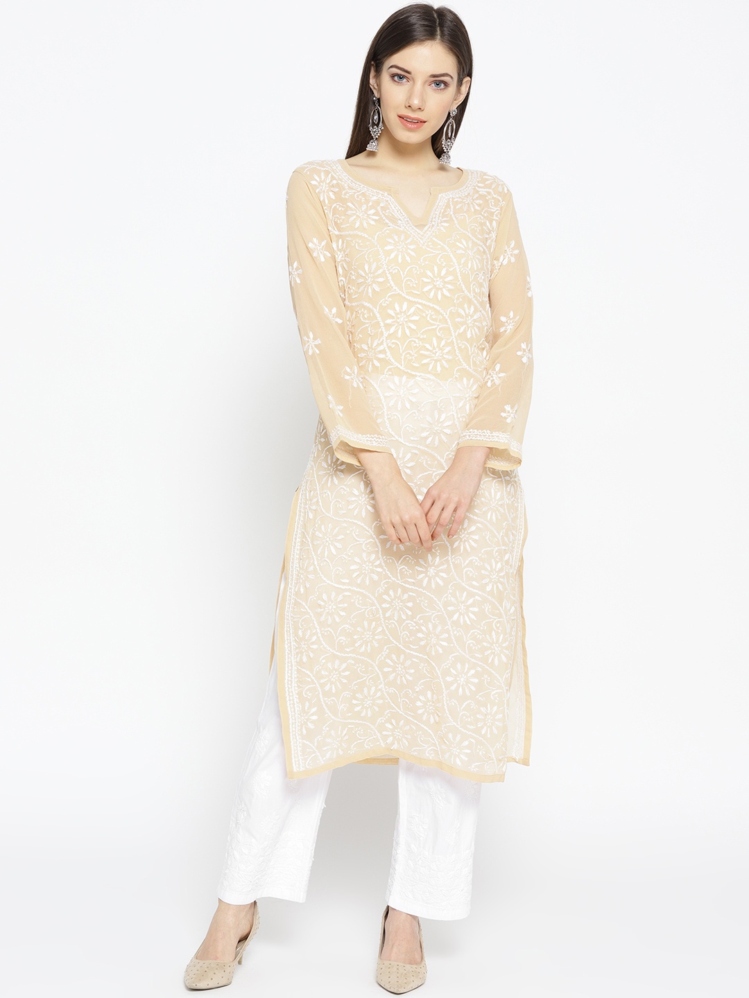 

ADA Women Beige & White Chikankari Hand-Embroidered Sheer Sustainable Handloom Kurta with Palazzos