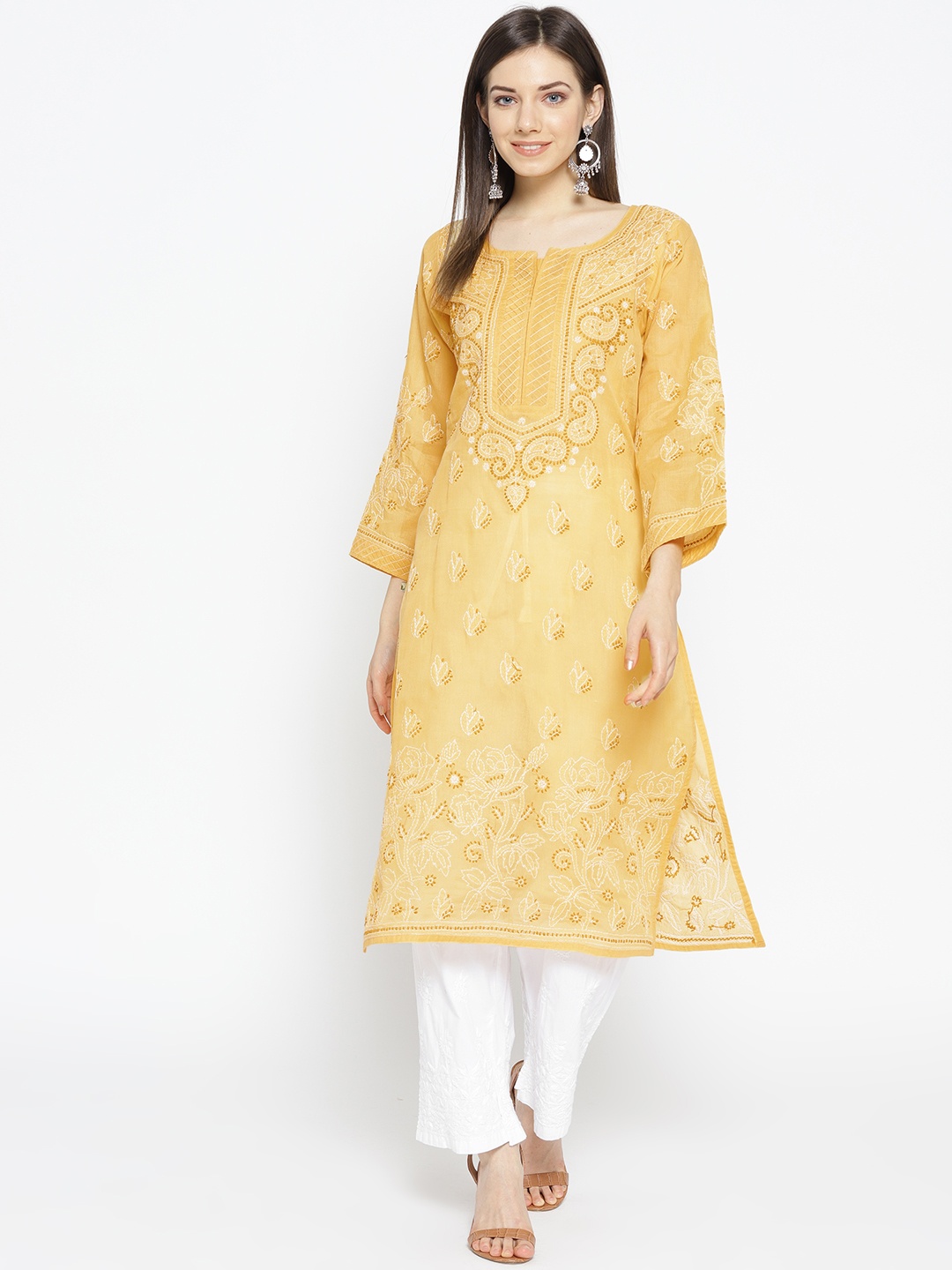 

ADA Women Beige & White Chikankari Embroidered Sustainable Handloom Kurta with Palazzos