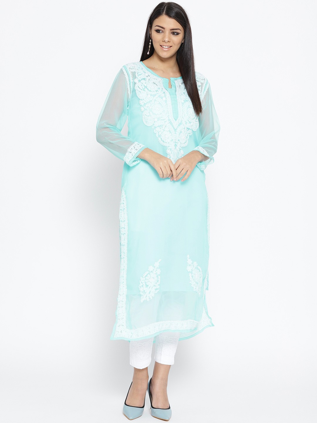 

ADA Women Blue & White Chikankari Hand-Embroidered Sheer Sustainable Kurta with Trousers