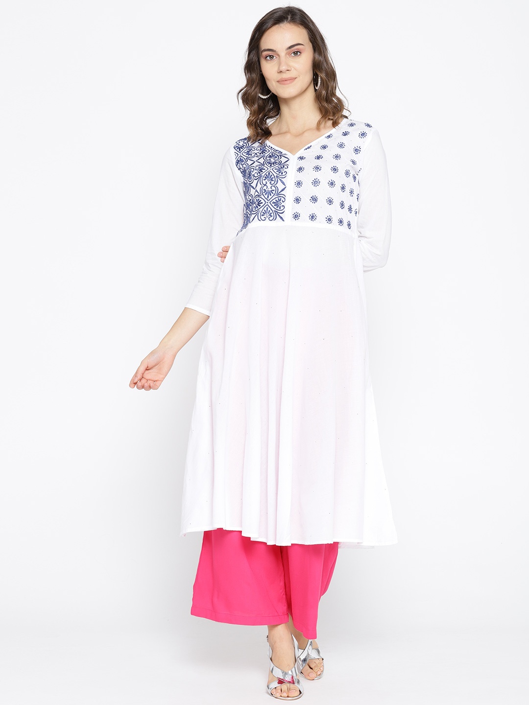 

ADA Women White & Navy Blue Yoke Design Chikankari Embroidered A-Line Sustainable Handloom Kurta