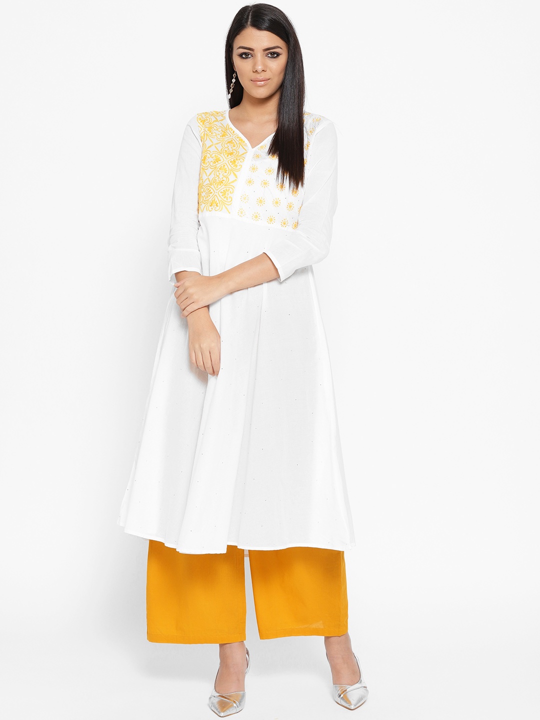 

ADA Women White & Yellow Yoke Design Chikankari Hand Embroidered A-Line Sustainable Handloom Kurta