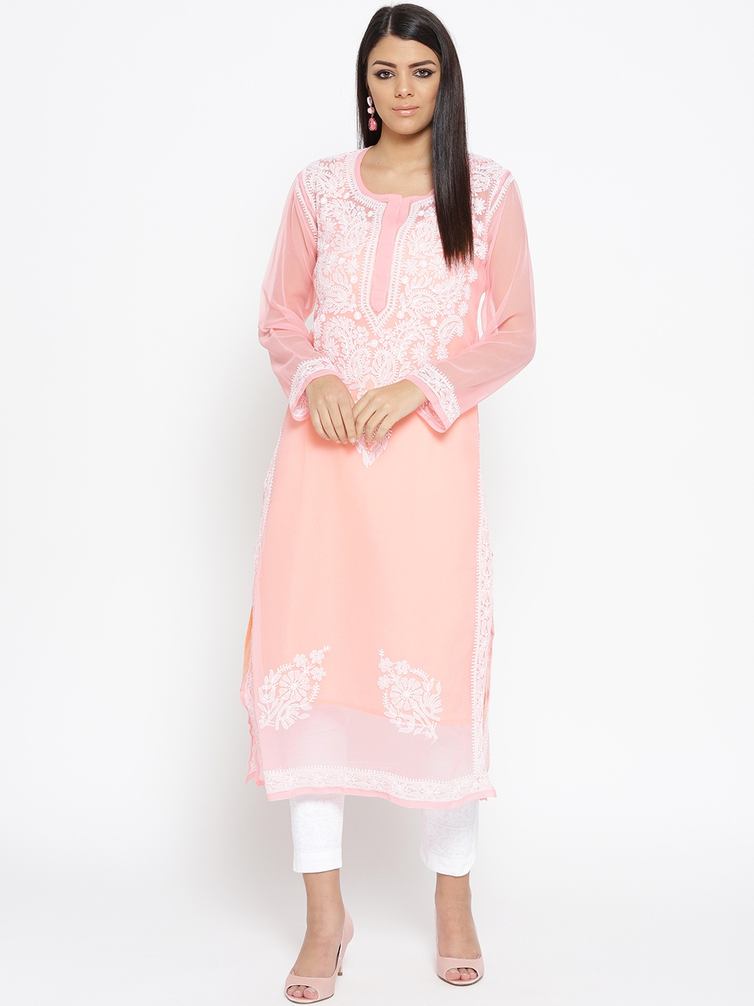 

ADA Women Peach-Coloured & White Chikankari Hand-Embroidered Sheer Sustainable Kurta with Trousers