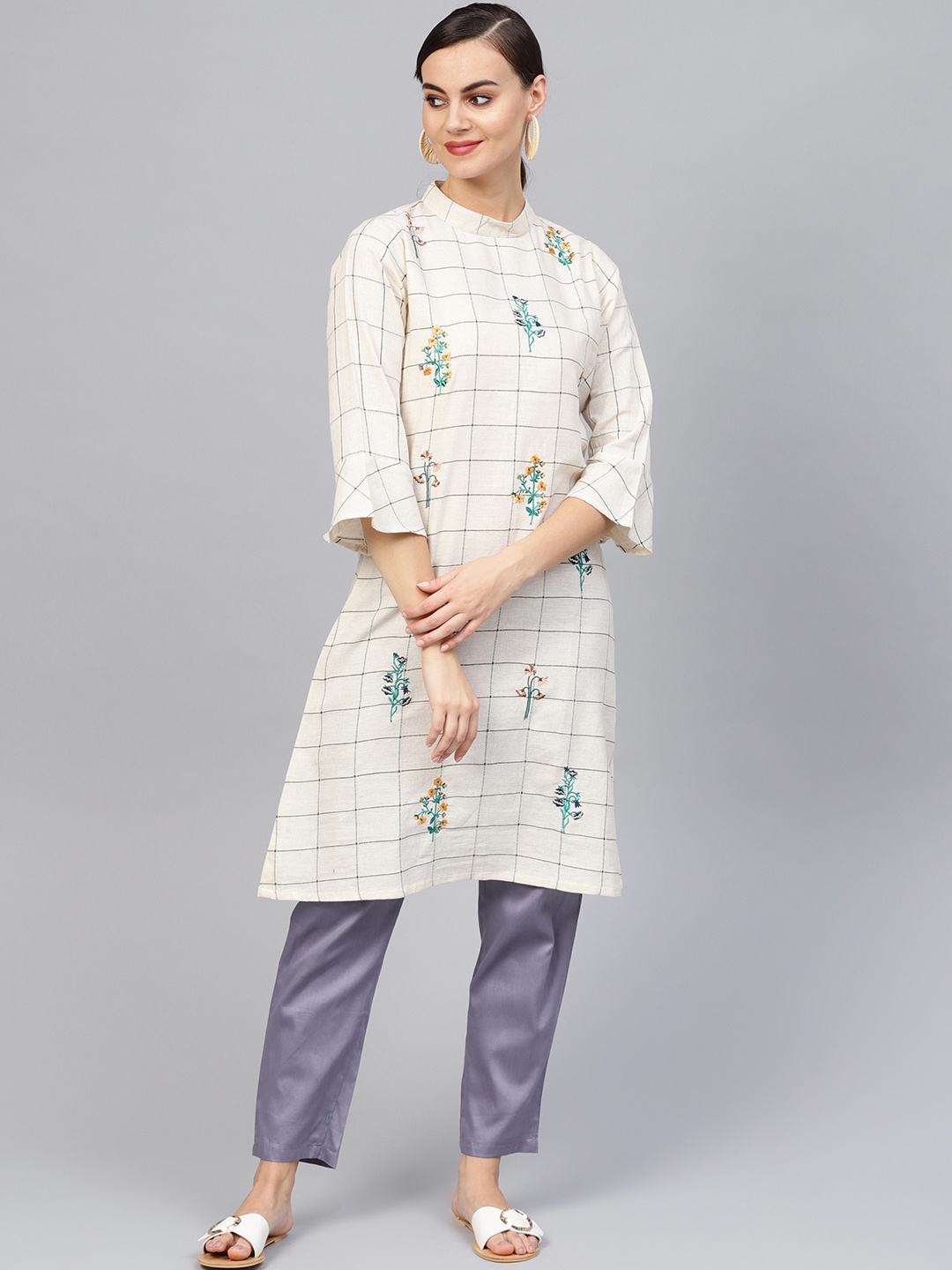 

Indo Era Women Cream-Coloured & Green Embroidered A-Line Kurta