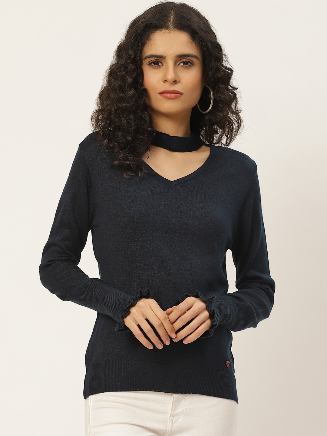 

Duke Women Navy Blue Choker Neck Woollen Solid Winter Top