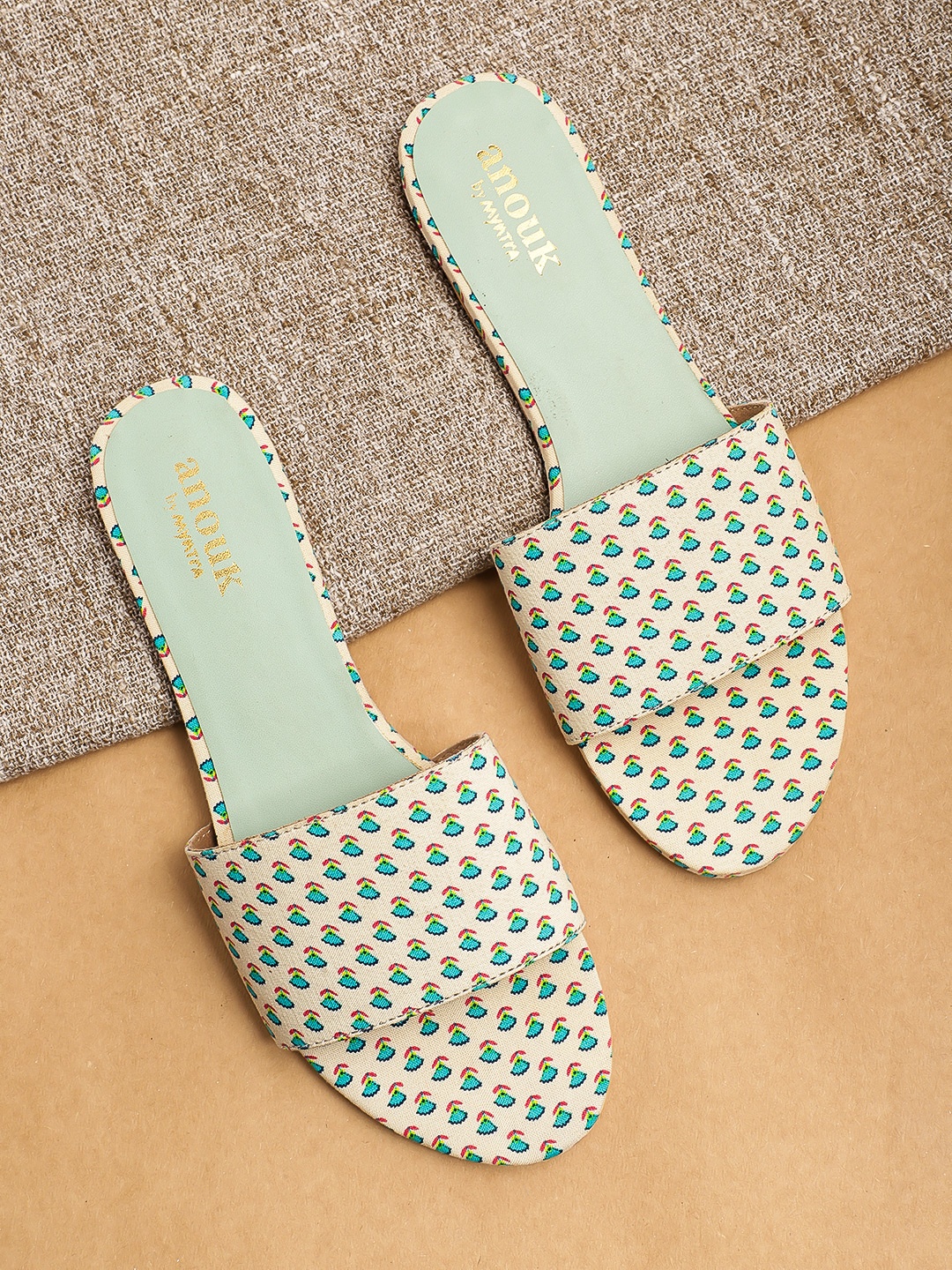 

Anouk Women Off-White & Sea Green Printed Open Toe Flats