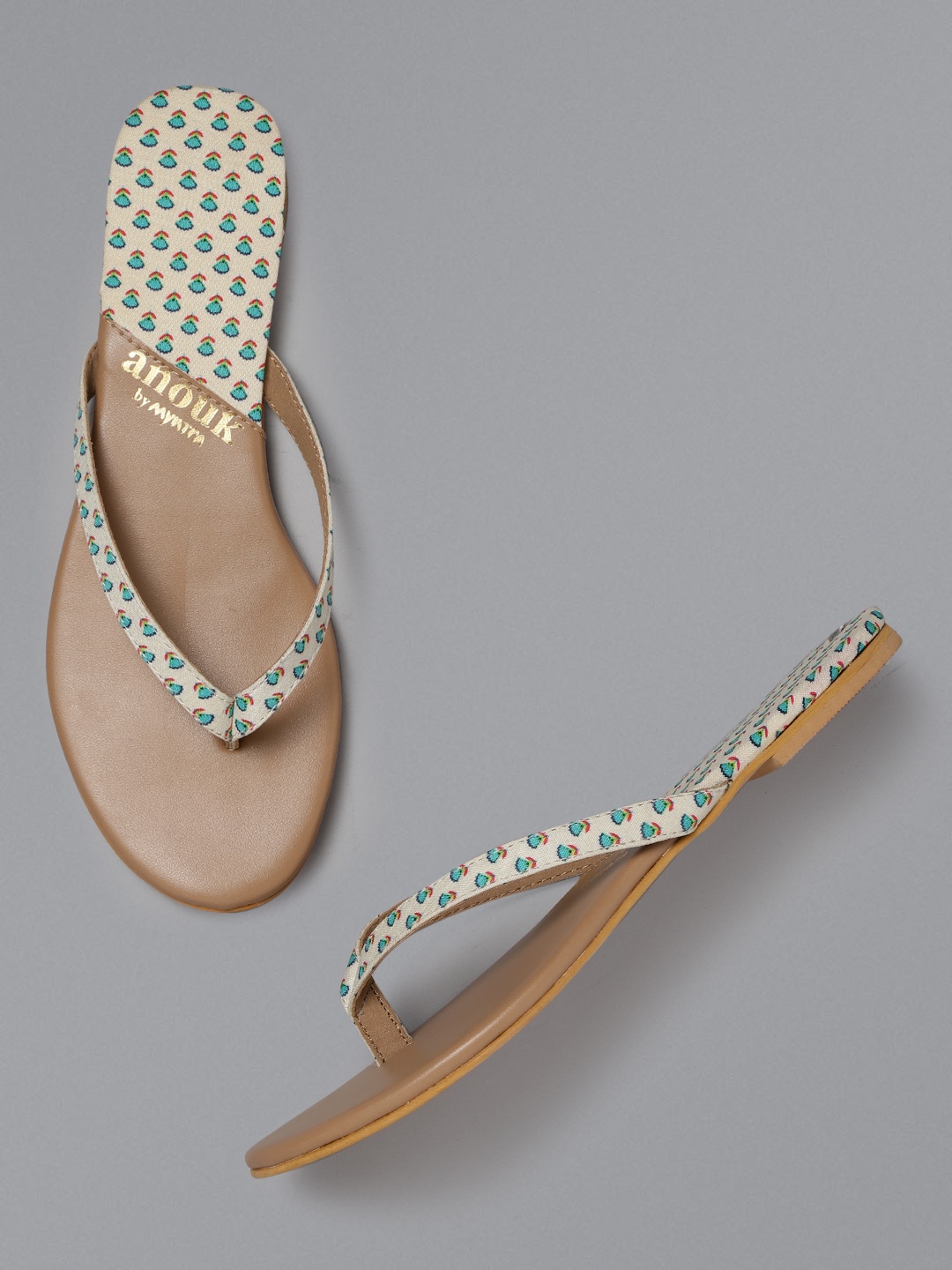 

Anouk Women Off-White & Sea Green Printed Open Toe Flats, Cream