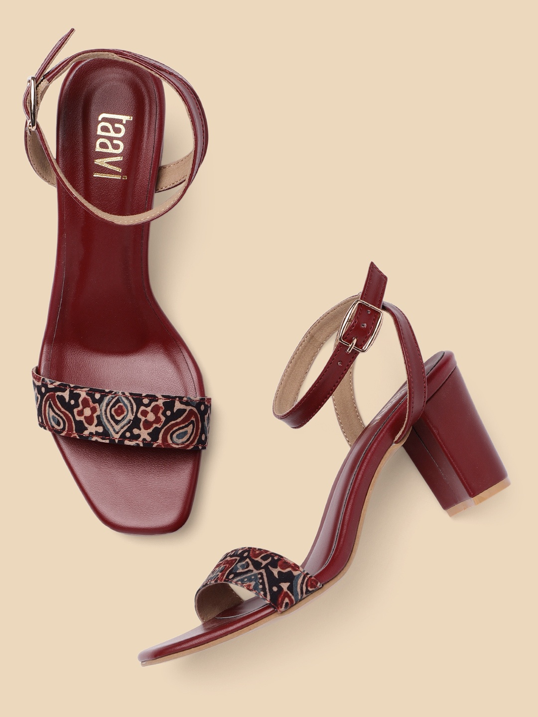 

Taavi Women Maroon Ajrak Printed Sustainable Heels