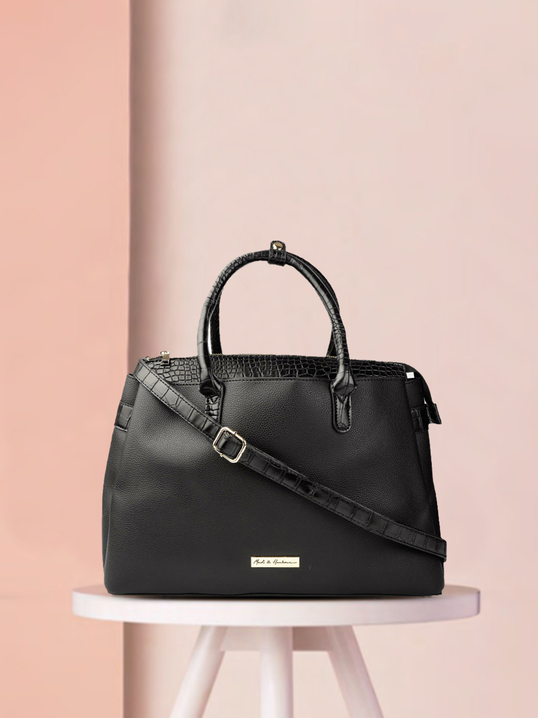 

Mast & Harbour Black Solid Handheld Bag with Croc Textured Detail
