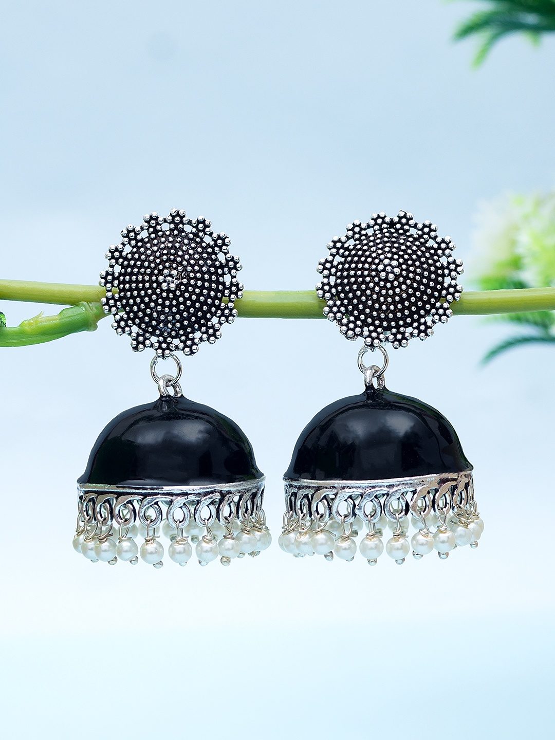 

Golden Peacock Silver-Toned & Black Oxidised Dome Shaped Jhumkas