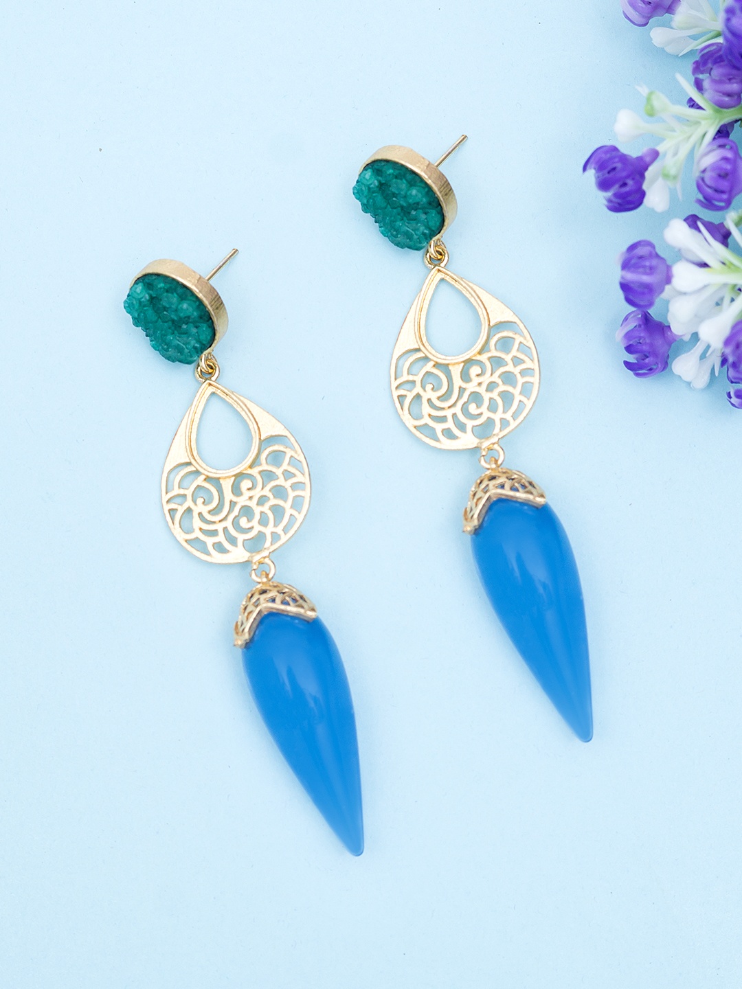 

Golden Peacock Gold-Plated & Blue Contemporary Drop Earrings