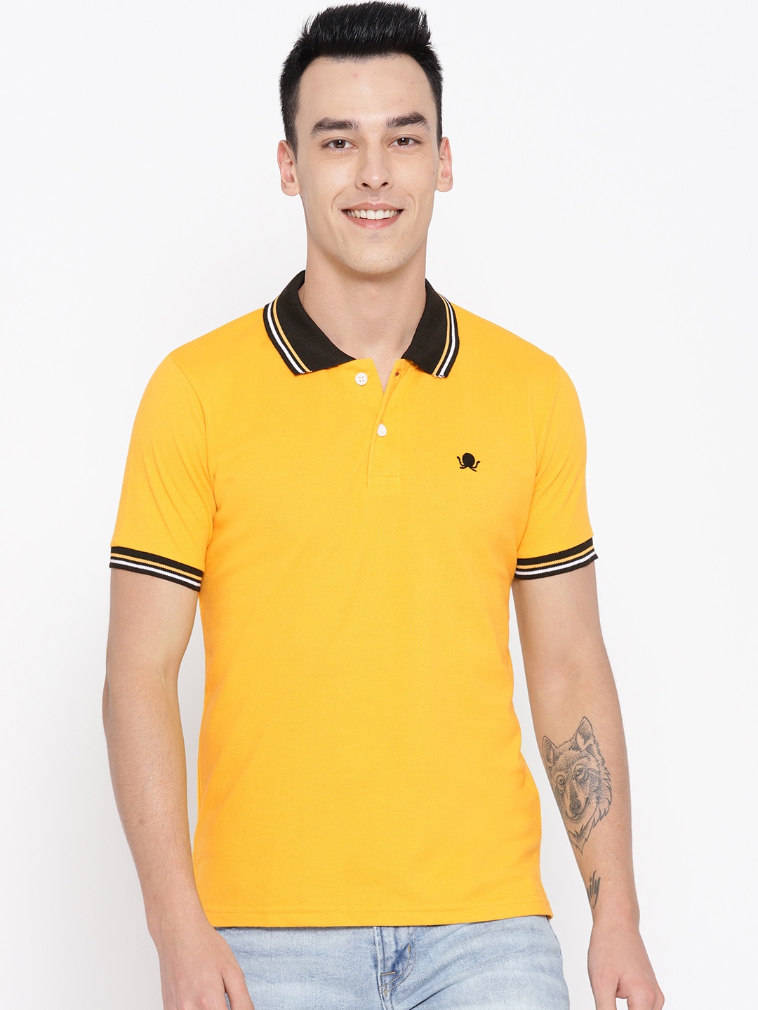 

PRINTOCTOPUS Men Mustard Yellow Solid Polo Collar T-shirt