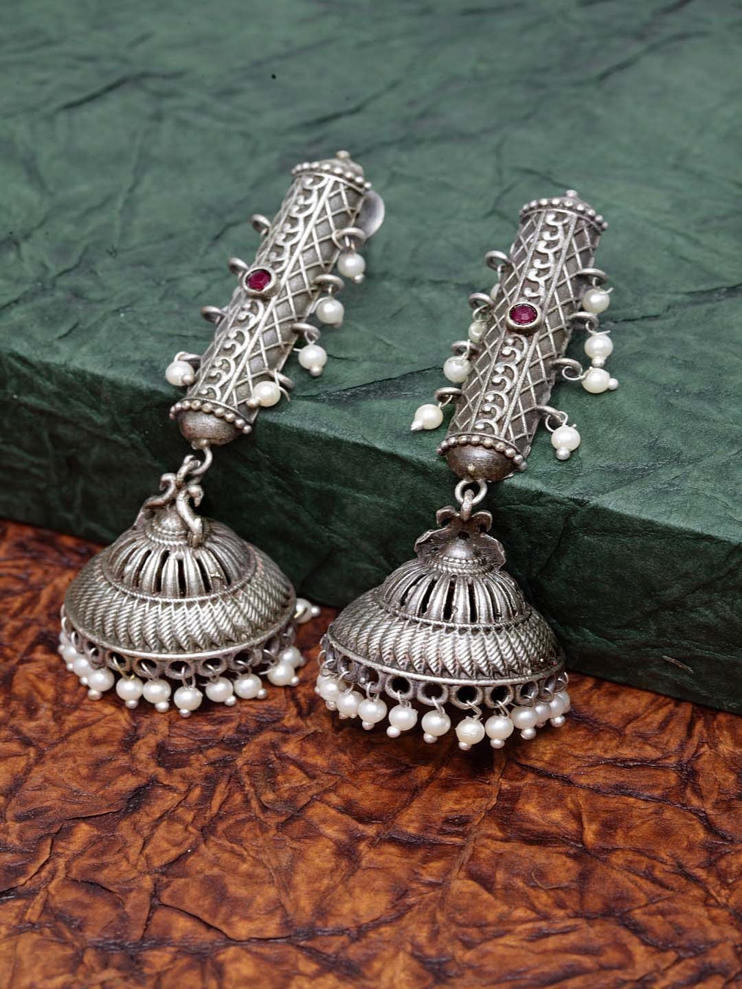 

PANASH Silver-Plated Oxidized Dome Shaped Jhumkas