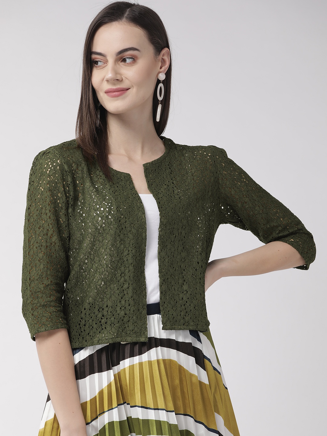 

Style Quotient Women Olive Green Self Design Open Front Crop Shrug