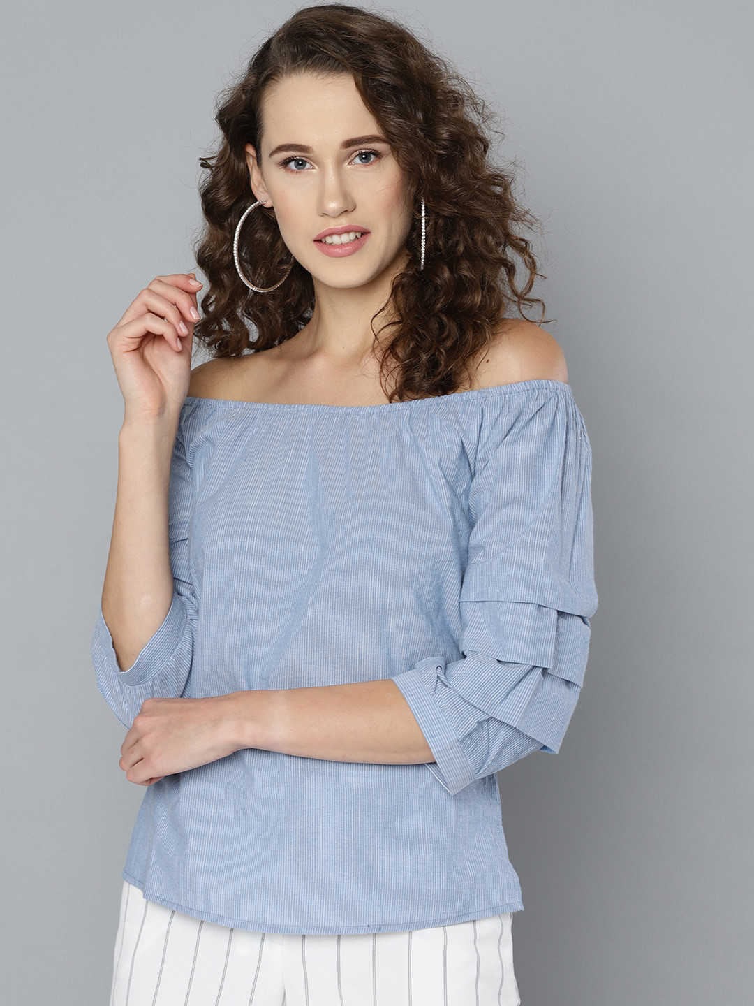 

Marie Claire Women Blue & White Striped Bardot Top