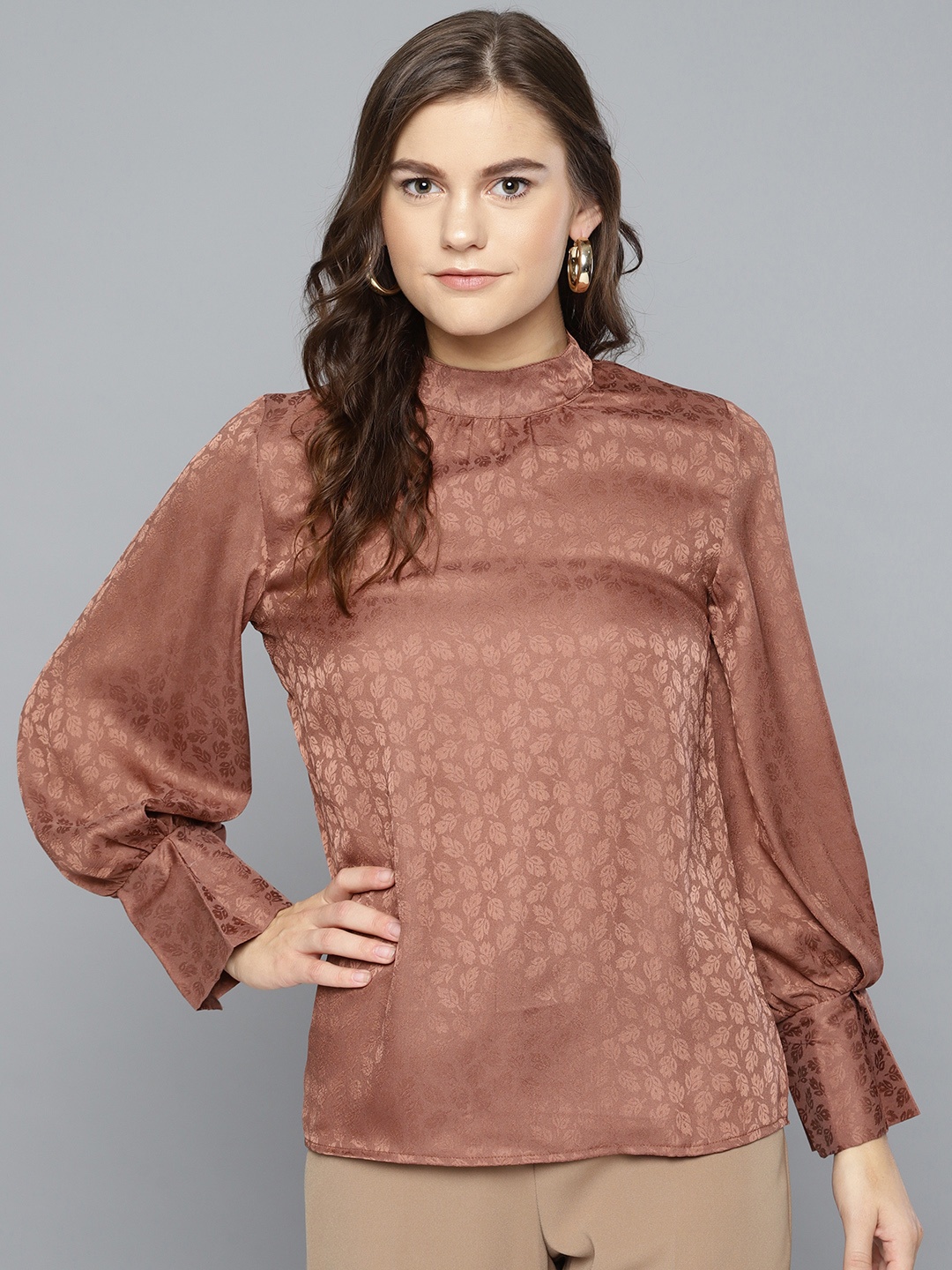 

Marie Claire Women Brown Victorian Style Satin Self Design Top