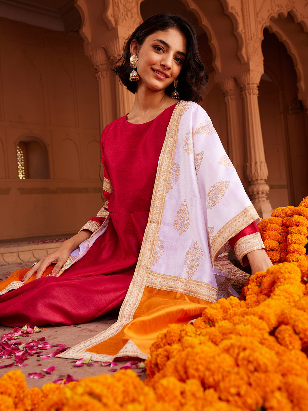 

Ahalyaa Women Red Solid Anarkali Dress With Dupatta