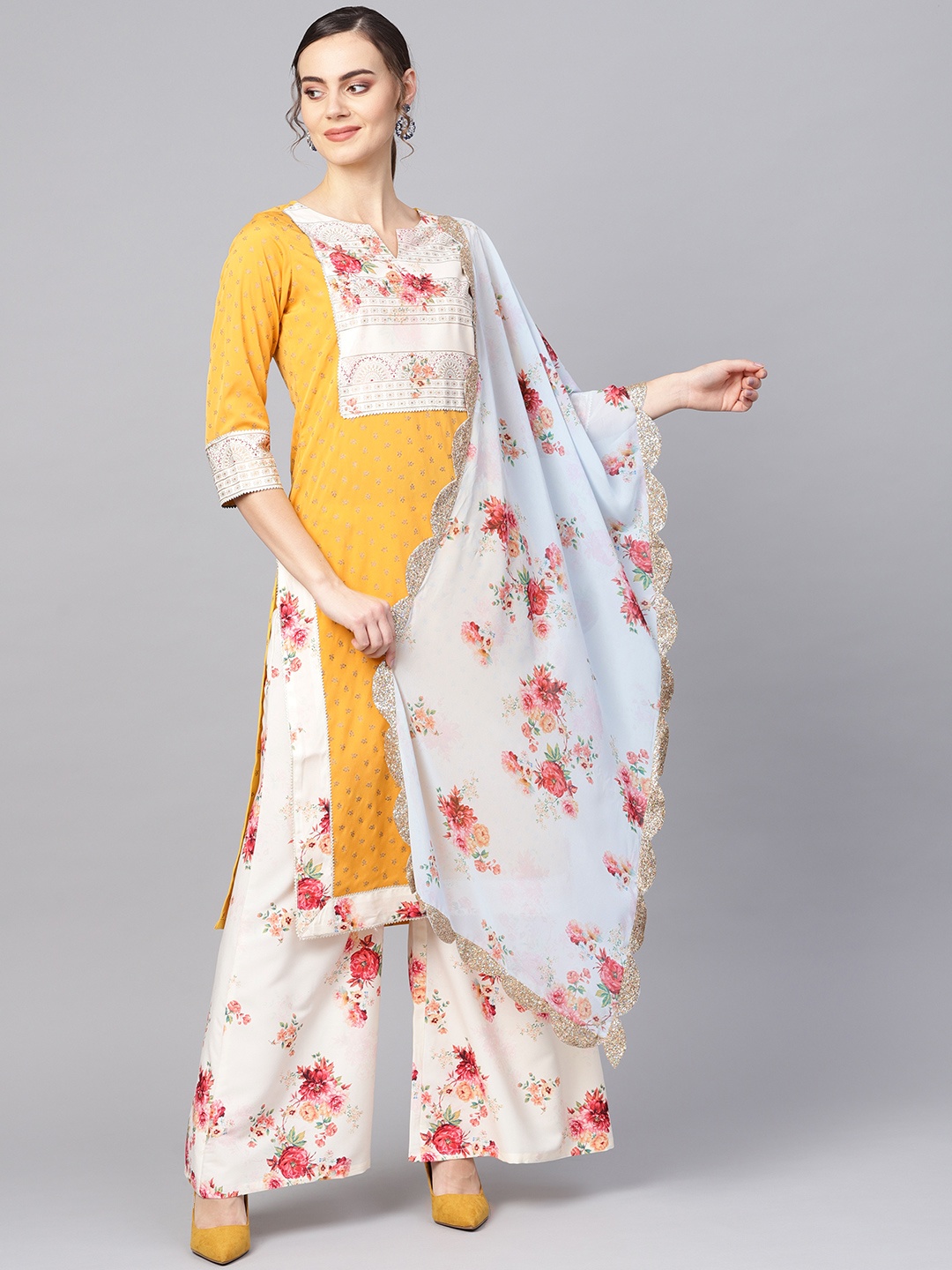 

Ahalyaa Women Mustard Yellow & Cream-Coloured Printed Kurta with Palazzos & Dupatta