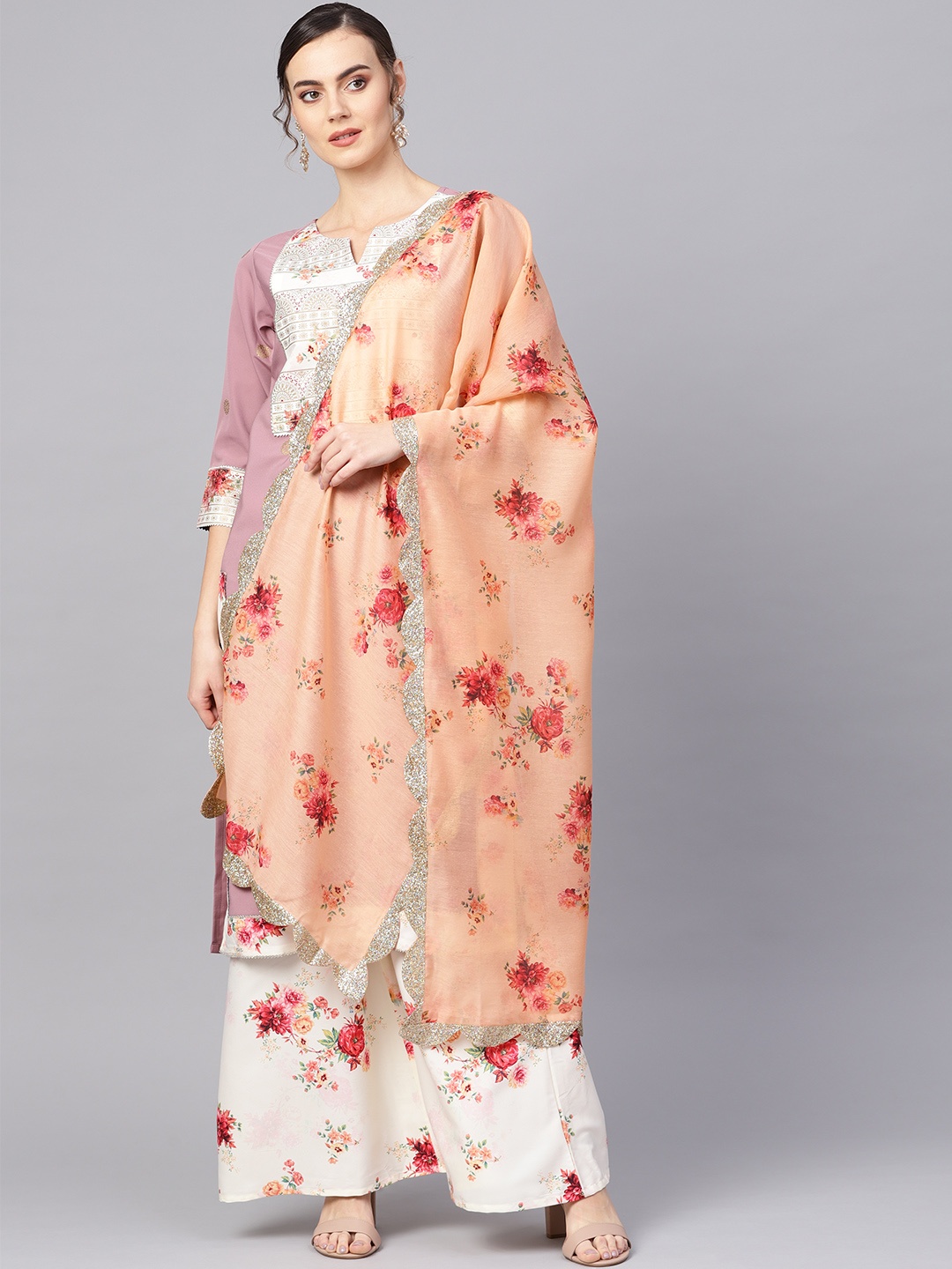 

Ahalyaa Women Mauve & Cream-Coloured Printed Kurta with Palazzos & Dupatta