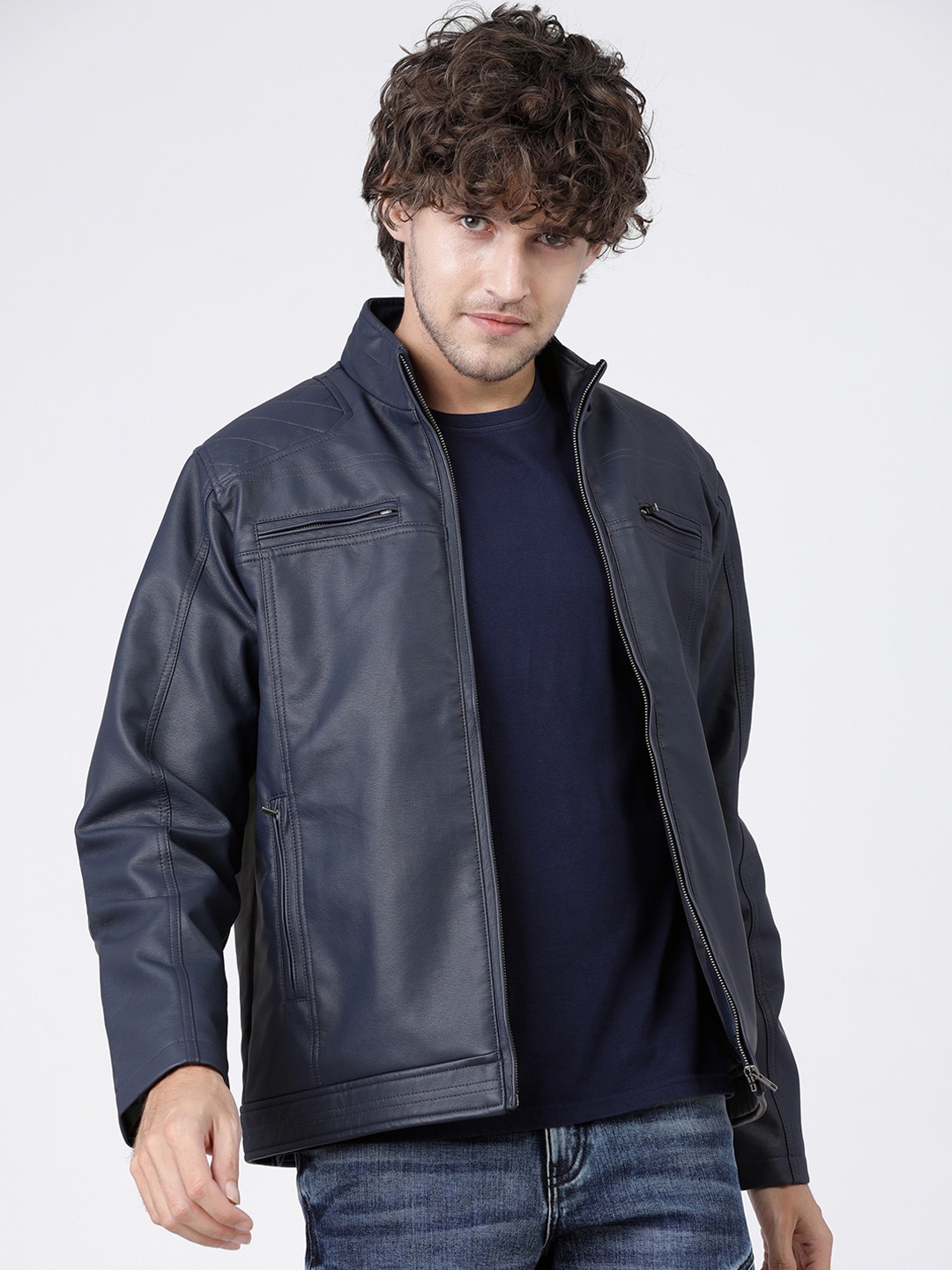 

HIGHLANDER Men Navy Blue Solid Biker Jacket