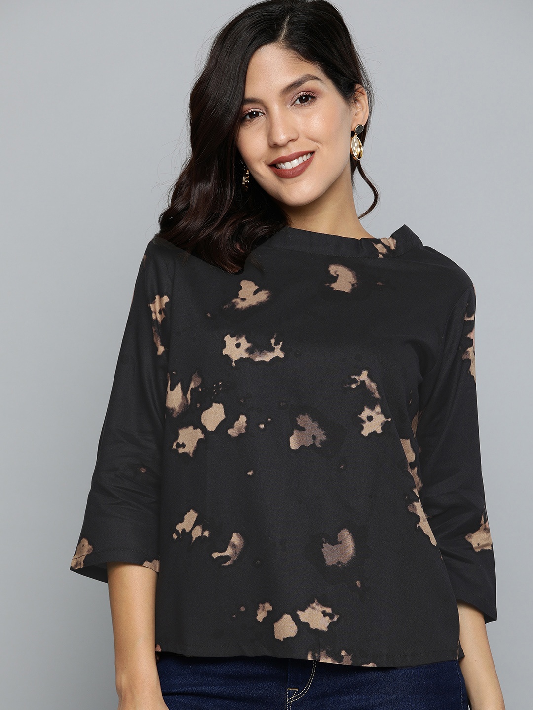 

HERE&NOW Women Black & Brown Printed Styled Back Top
