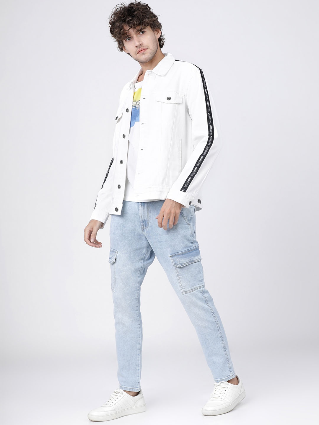 

LOCOMOTIVE Men White Printed Denim Trucker Jacket