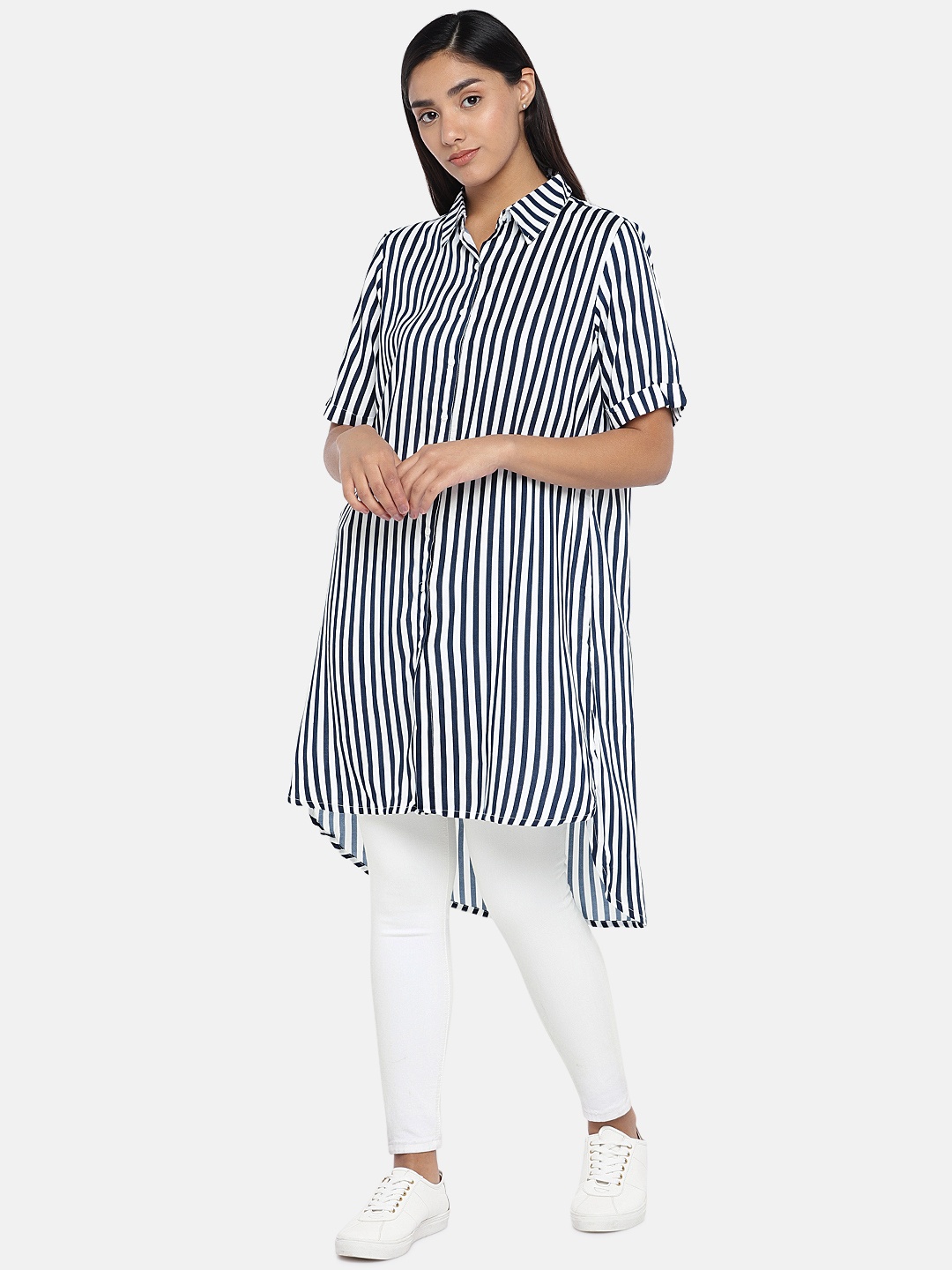 

Globus Women Navy Blue & White Regular Fit Striped Casual Longline Shirt