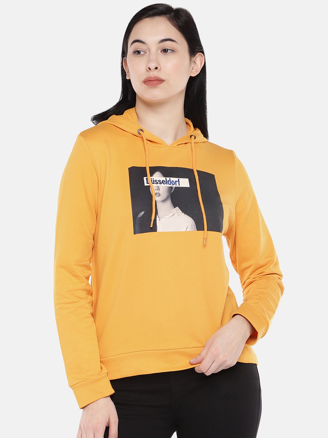 

Globus Women Mustard Yellow Printed Hooded Sweatshirt